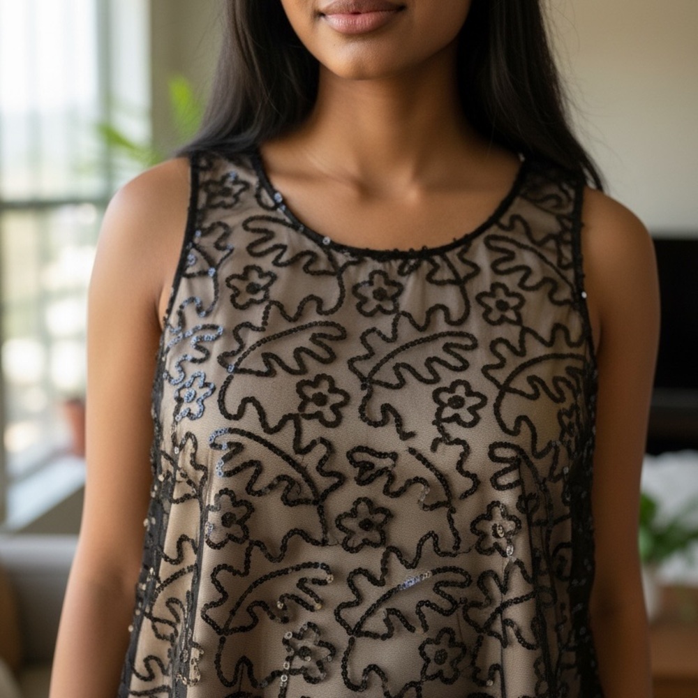 Dana Kay Black & Cream Sequin Blouse | Layered Sheer Overlay